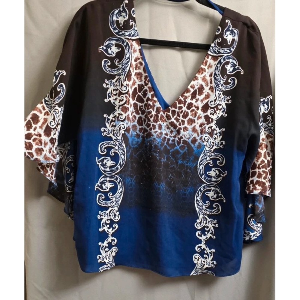 Alberto Makali Cobalt Blue Animal Print Rhinestone V-Neck Flutter Blouse M
